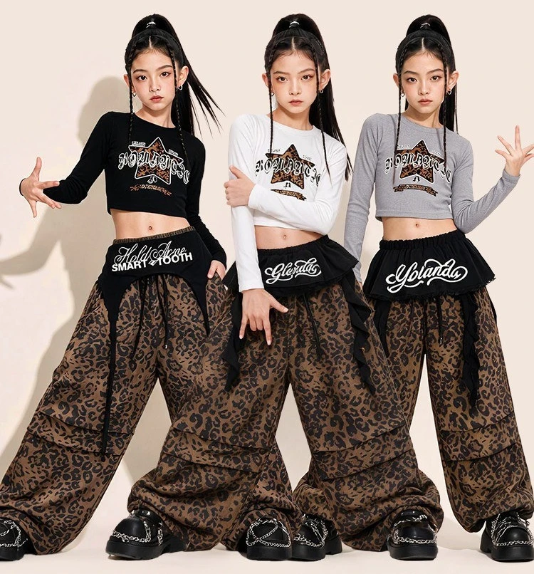 Girls Kpop Clothing Crop Mesh Top leopard Pants Hip Hop Costumes Kids Streetwear Child Jazz Girl Group Street Dance Clothes Sets