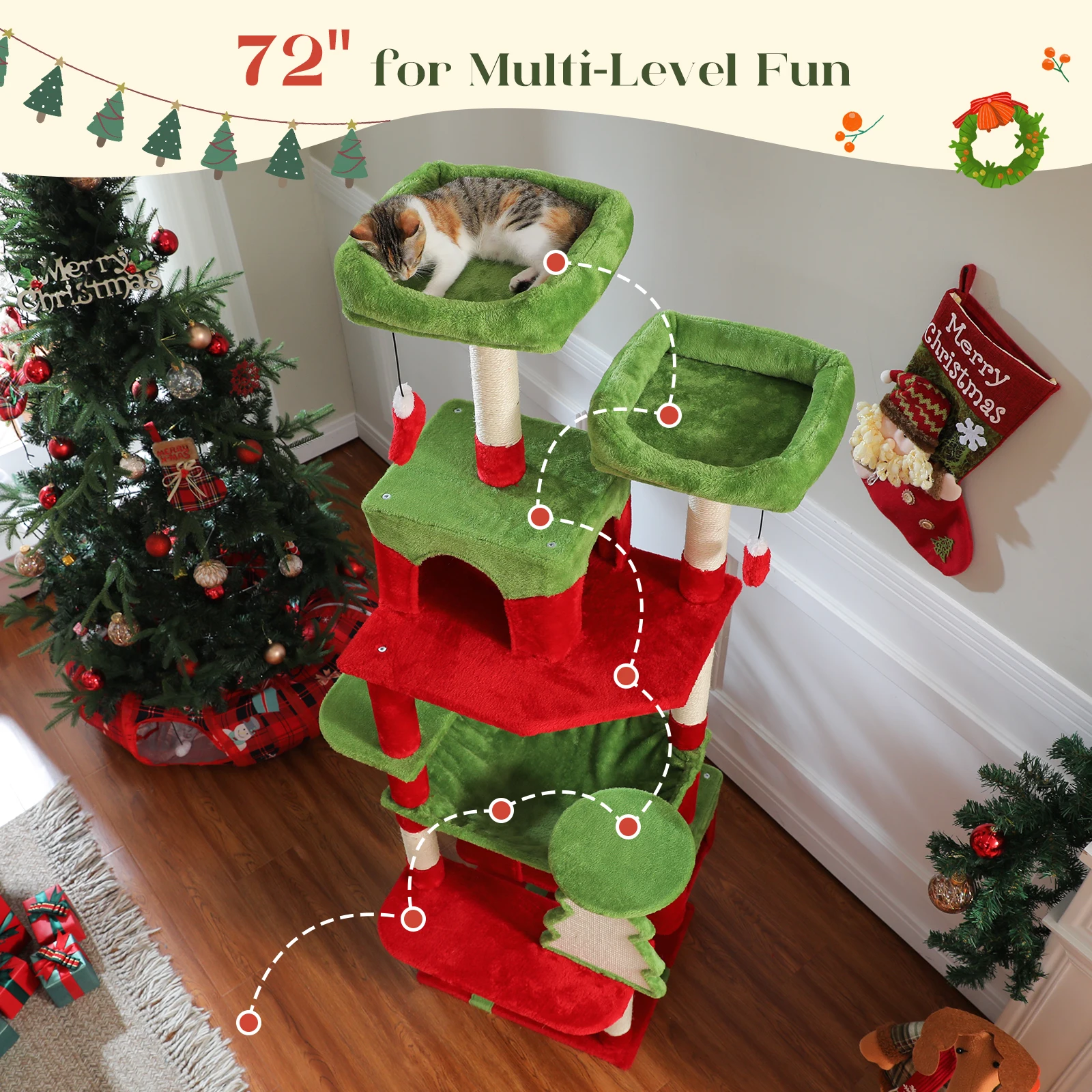 Weihnachts-Katzenbaumturm mit rot-grünem Eigentumswohnung, mehrstufiger Katzenturm mit Sisal-Kratzbäumen, Katzenmöbel für Hauskatzen – Detail 16