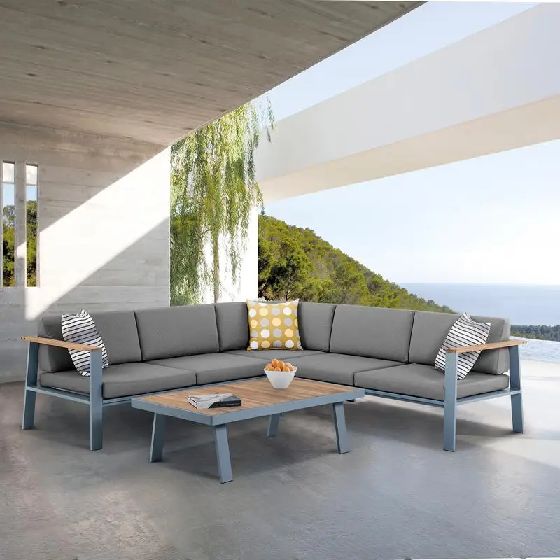 

Gray Outdoor Patio Sectional Set with Gray Cushions and Teak Wood Frame