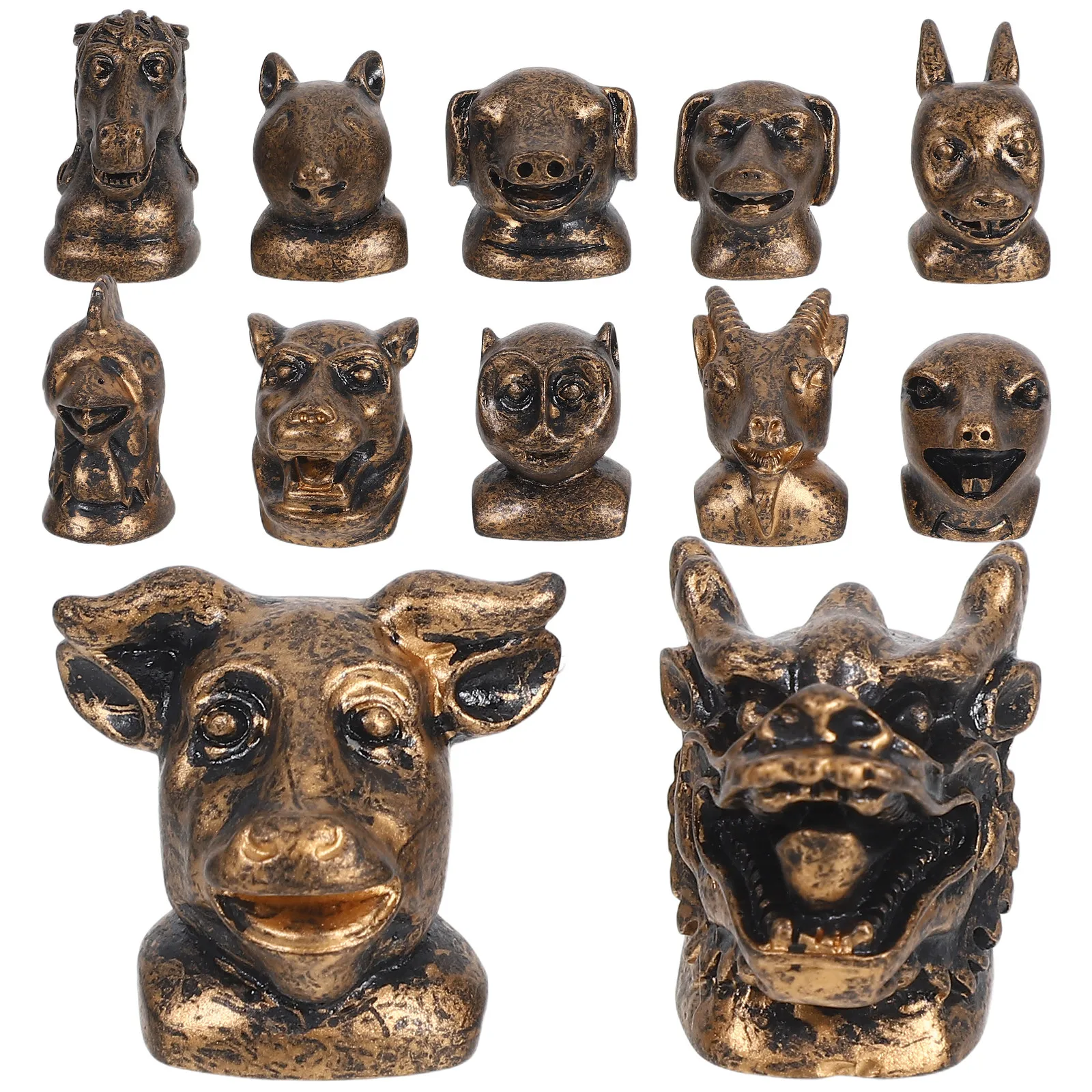 1Set Twelve Zodiac Bronze Resin Animal Heads Exquisite Handcrafted Miniature Decor Chinese Culture Desktop Diorama Feng Shui