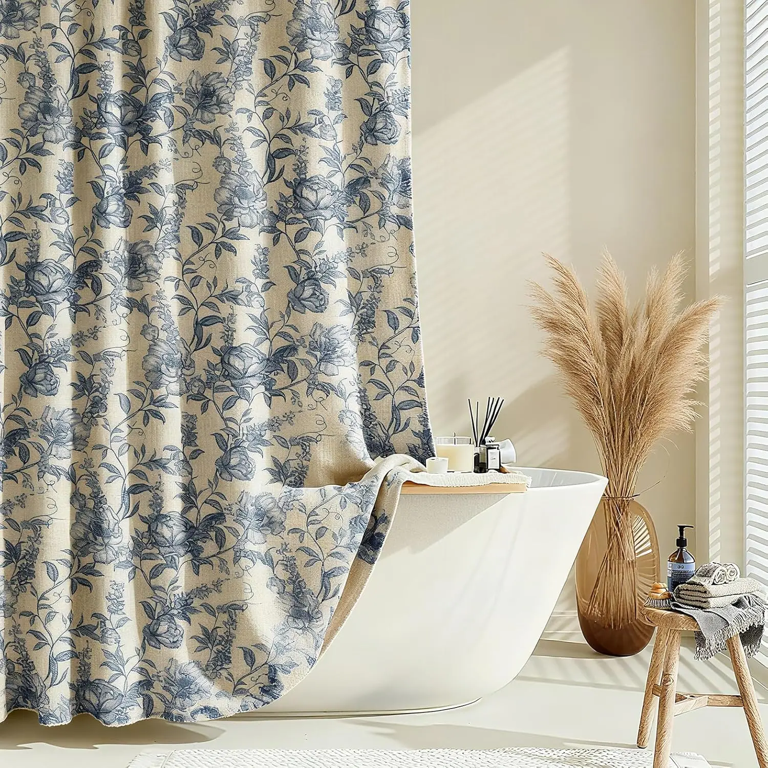 

Farmhouse Blue Floral Shower Curtain with 12 Clear Rings, Faux Linen Fabric, Vintage Cottagecore Style for Bathroom 72x72 Inches