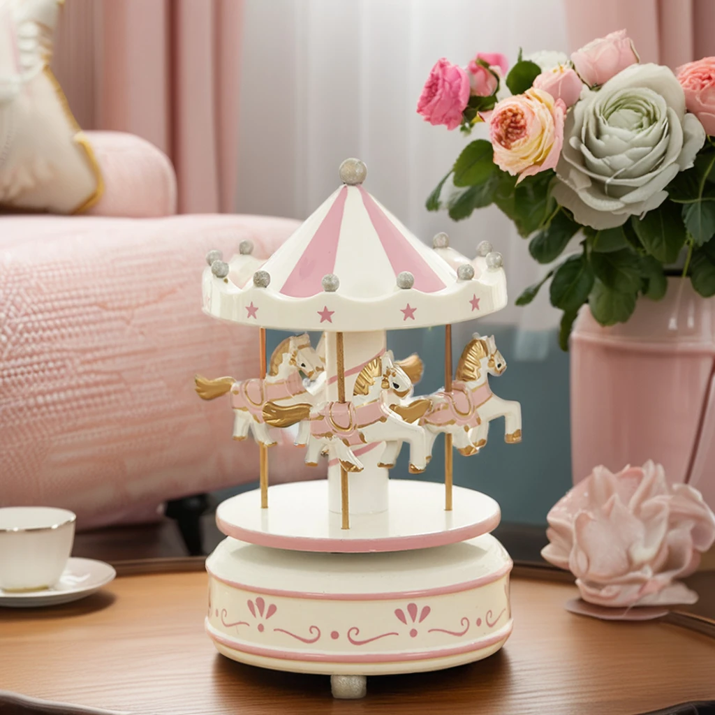 Hot Sale Luxury Wooden Carousel Home Decor Christmas Ornament Music Box Tabletop Classical Christmas Wooden Round Music Box