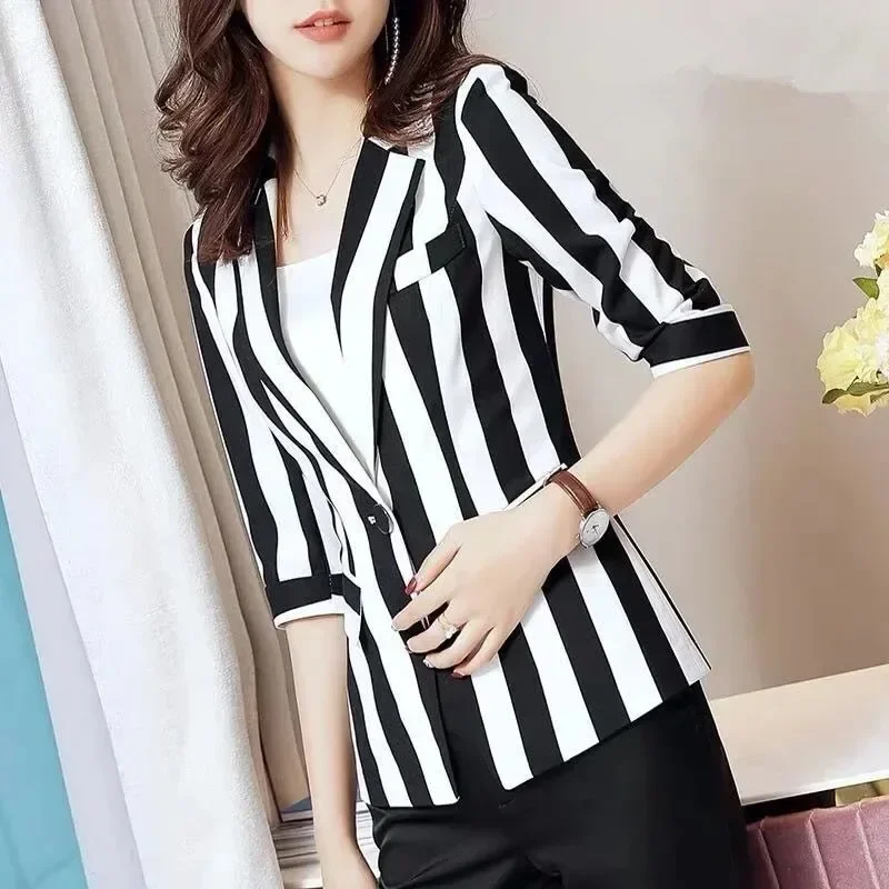 Vintage Indie Striped Blazer Suit Women Long Sleeve Double Breasted Suit 2023 Woman Commute Casual Jacket Blazer Plus Size Coat