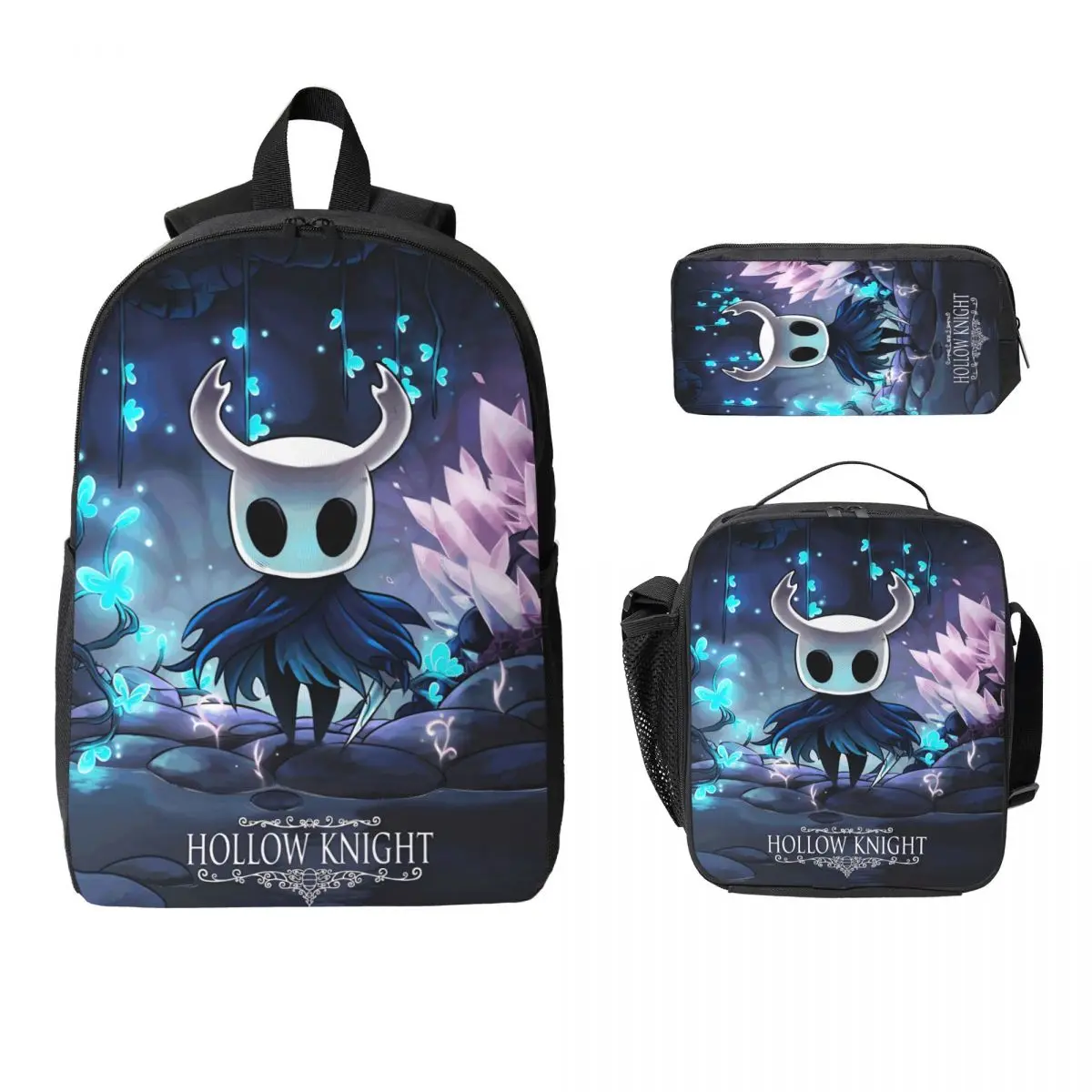 Set di zaini Hollow Knight merch da 3 pezzi per ragazze, ragazzi, borse per penne, set di borse per libri con scatola per il pranzo, per studenti delle scuole