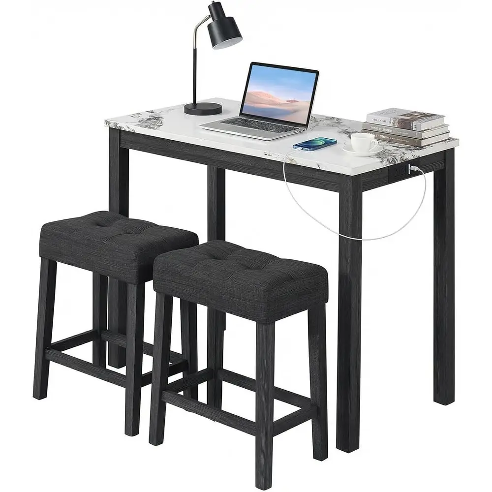 

3-Piece Bar Table Set with Charging Port, Counter Height Breakfast Table with Auxiliary Marble Top and 2 Upholstered Stools, Woo