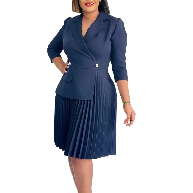 Elegant Dresses for Women Blazer Turn Down Collar Pleated Modest Church Office Ladies Work Wear Female African Slim Autumn New