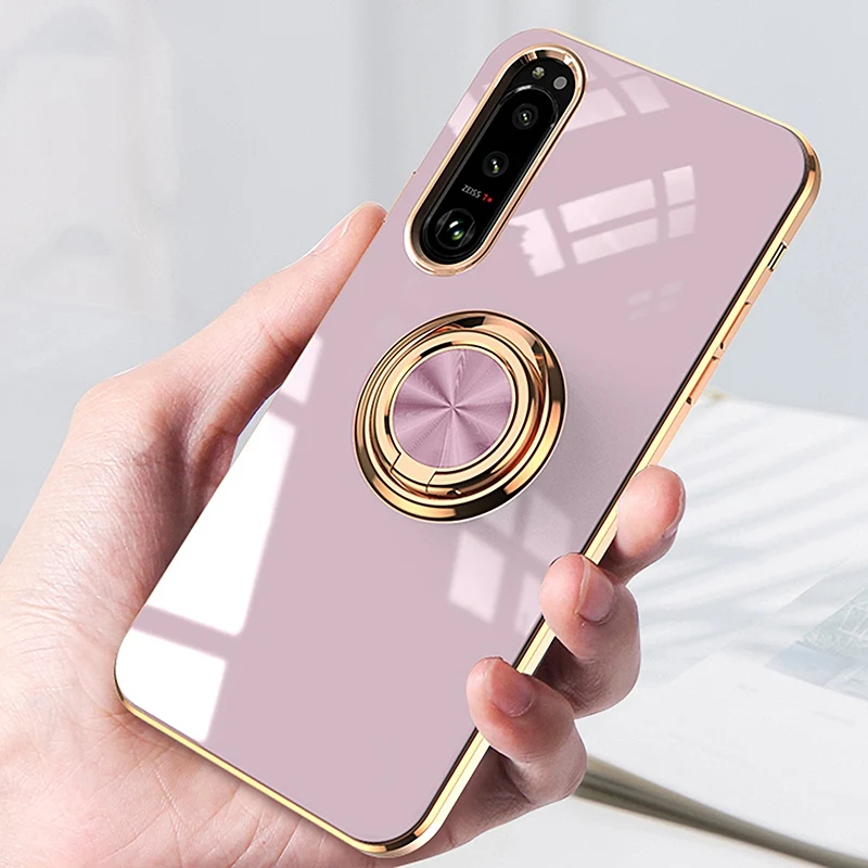 Luxury Plating Silicone Magnetic Ring Holder Phone Case For Sony Xperia 1 5 10 III IV V VI VII Shockproof Electroplated Cover view 2