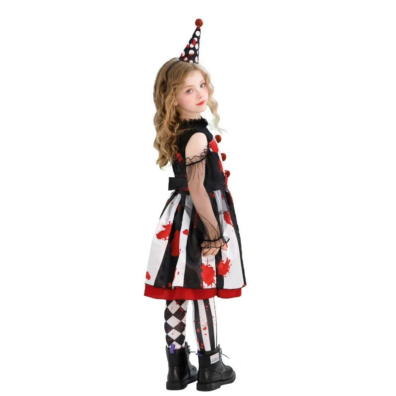 Halloween Cosplay Costume Clown Printed Short Sleeved Dress Accessories Suit Carnival Theme Party Role Playing Outfits for Girls