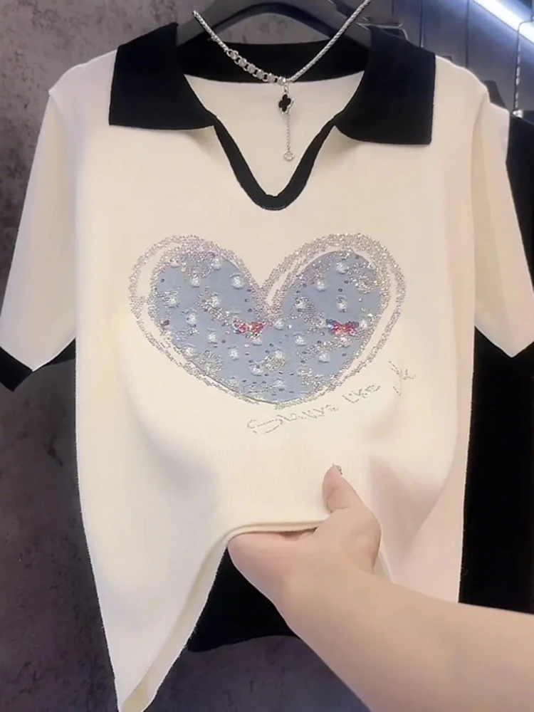 

Модный женский летний топ с вышивкой и стразами в форме сердца, универсальный, новый, высококачественный, омолаживающий, трендовый