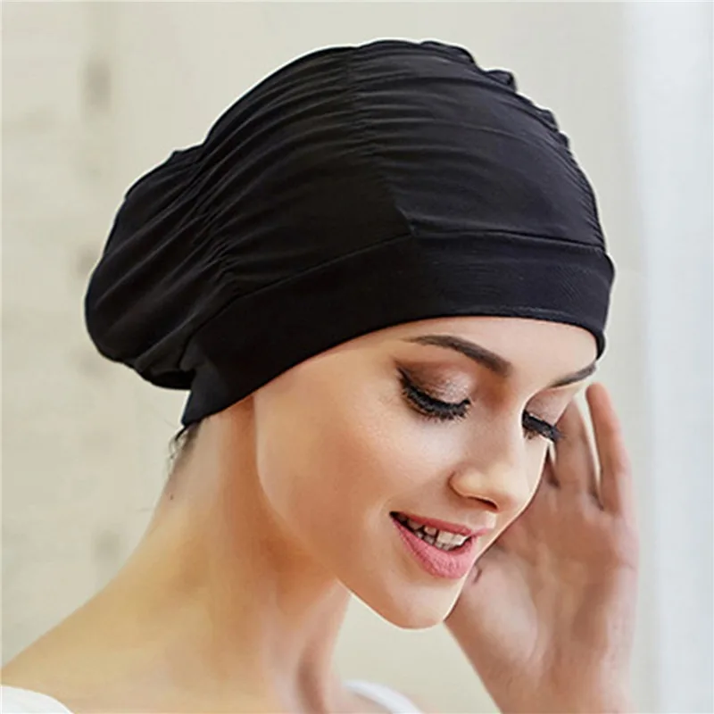 Gorros de baño elásticos plisados de colores sólidos, sombreros de baño largos para proteger el cabello, accesorios deportivos para nadar, 1 unidad