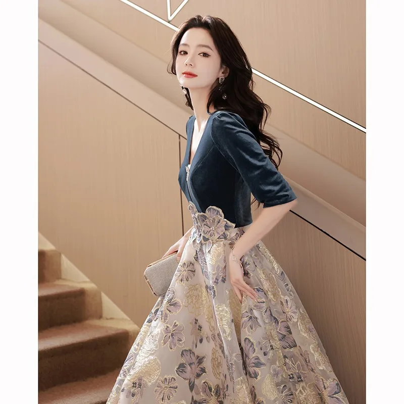 Vintage Flower Print Mother\'s Bridesmaid Dress French V-neck Banquet Evening Gown Elegant Half Sleeve Back Zipper Formal Dresses