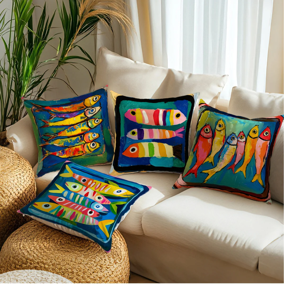 Colorful fish pattern digital printing pillow cover Short plush Suitable living rooms bedrooms sofas throw cushion cover 4pcs