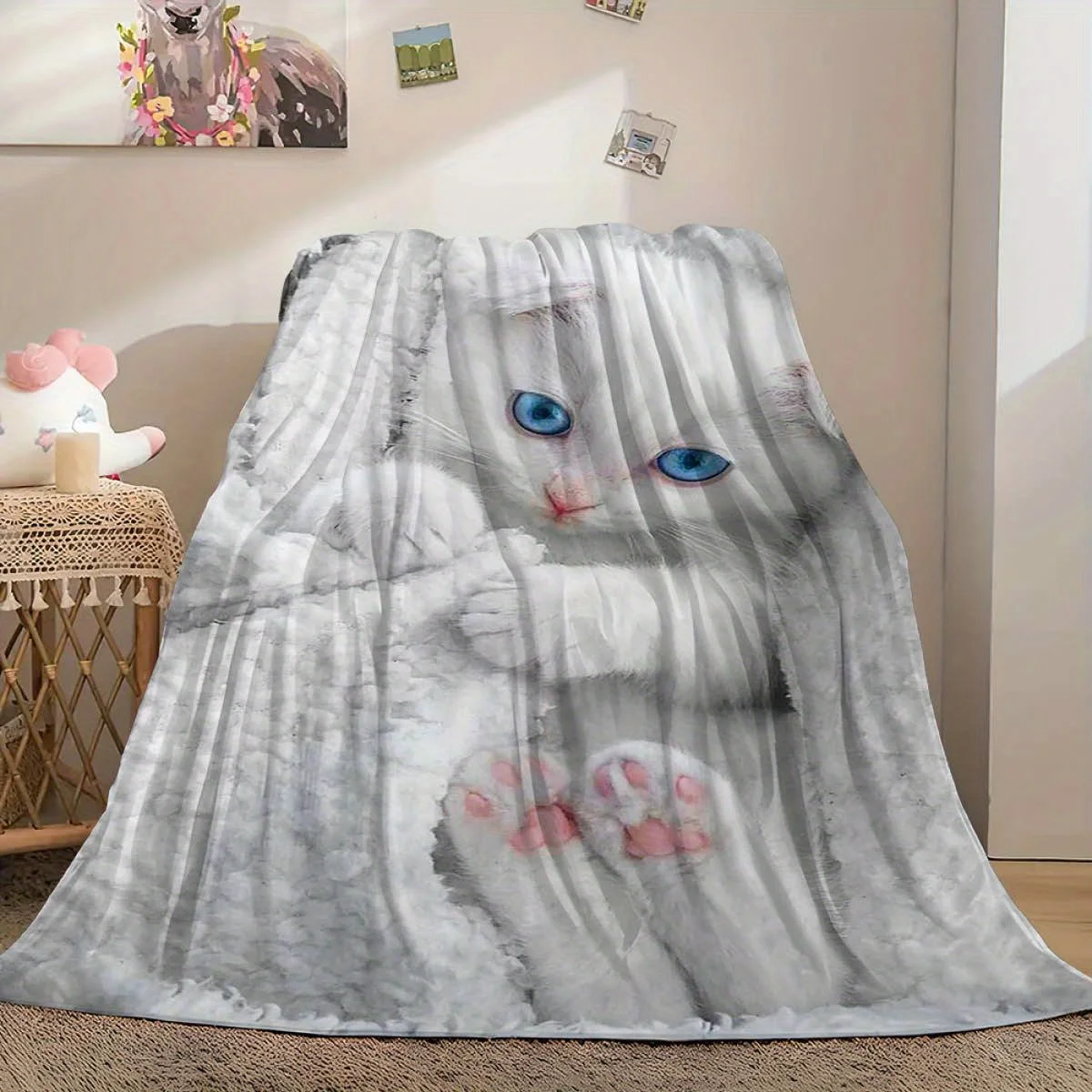 Manta de franela con estampado de gato bonito, manta familiar de gato de amor, manta para el hogar, sofá