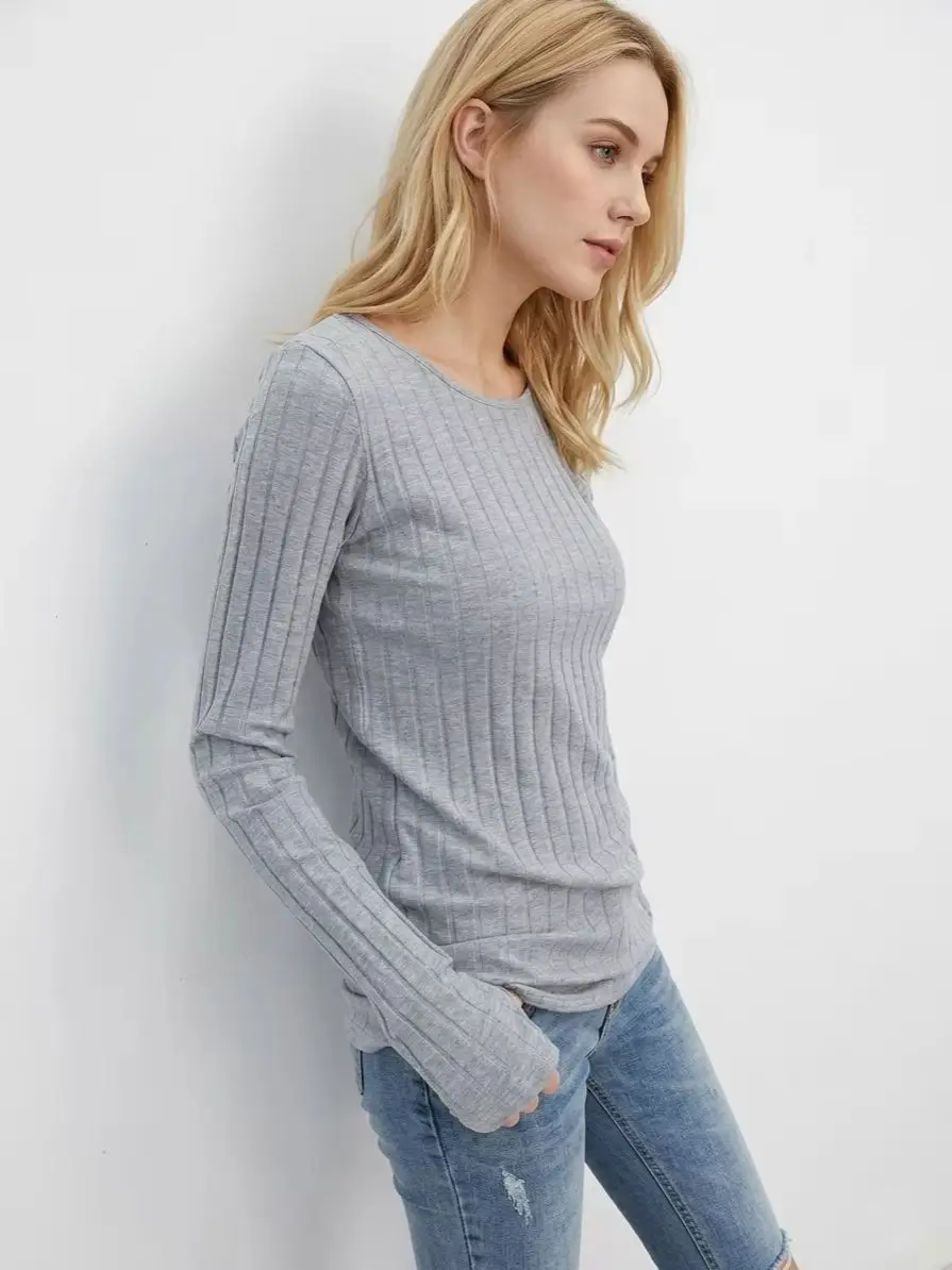 Basic Cotton Ribbed Tops Tees With Thumb Hole Women Long Sleeve Tee Shirts Essential Layering T Shirt Femme S,M,L