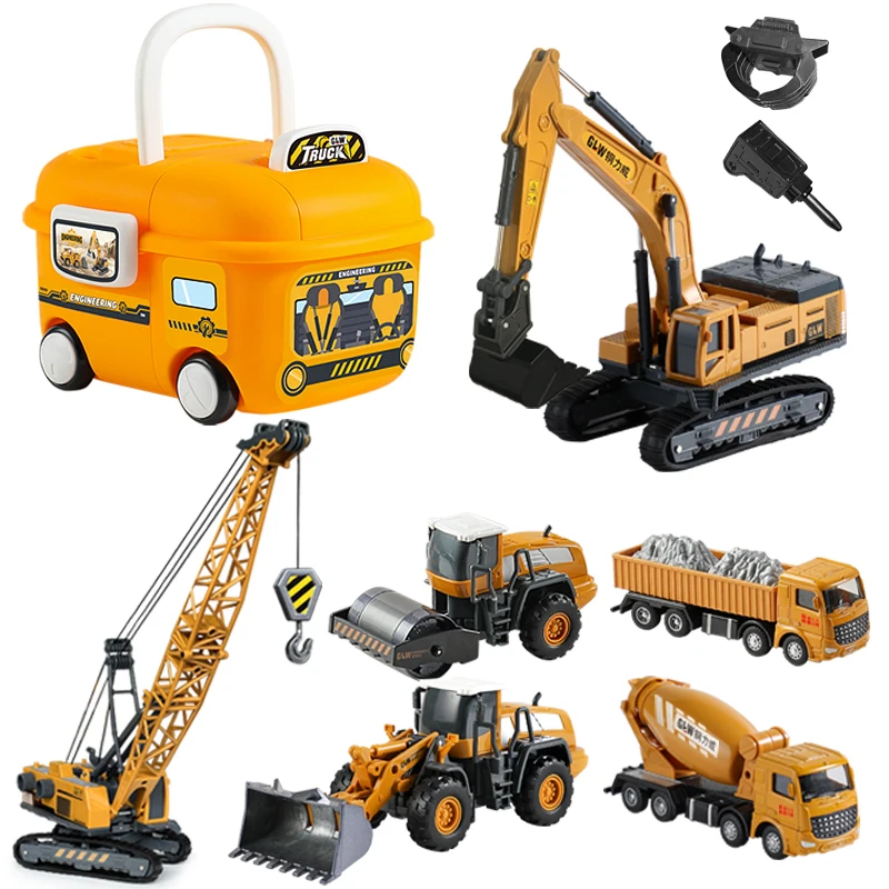 1:55 6 pçs/set simulação engenharia bulldozer escavadeira guindaste com caixa de armazenamento carro brinquedos liga diecast construção para o presente do menino