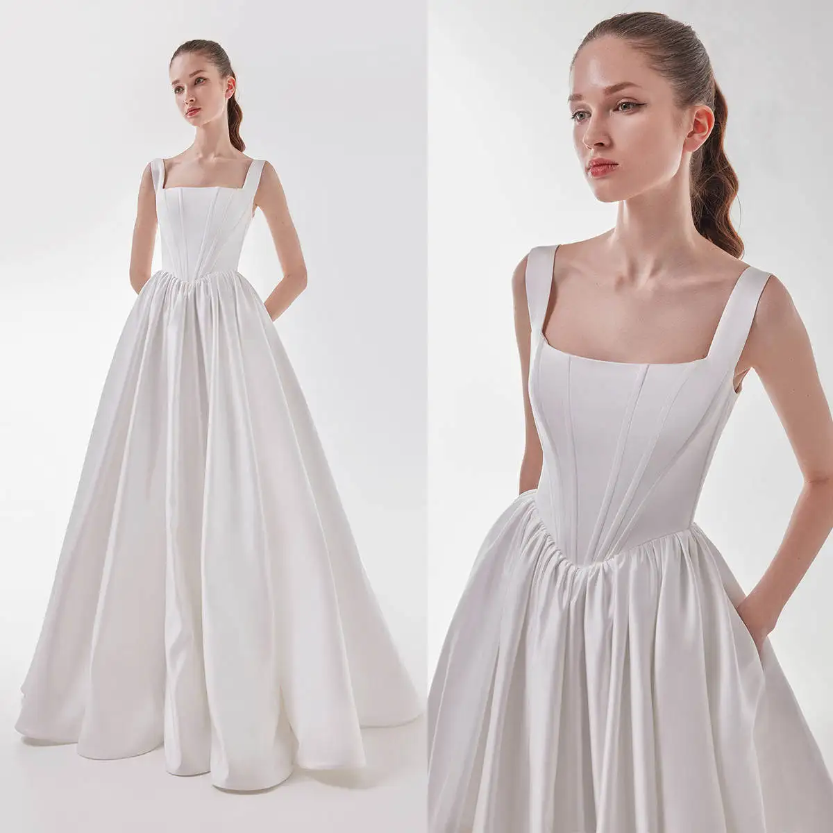 Classic A Line Vestido De Novia Square Collar Strap Wedding Floor Mini Midcalf Length Pleats Sweep Train Satin Bridal Dress