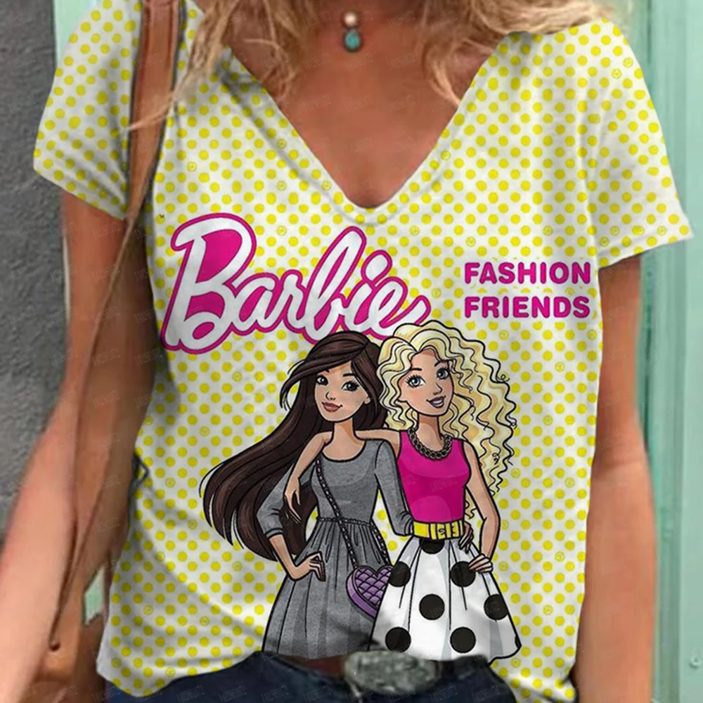 Fashion Woman Blouses 2024 T-shirt Women's 3d Barbie print Pink Kawaii V-neck T Shirt Female Clothing Oversized Summer Tops Tee