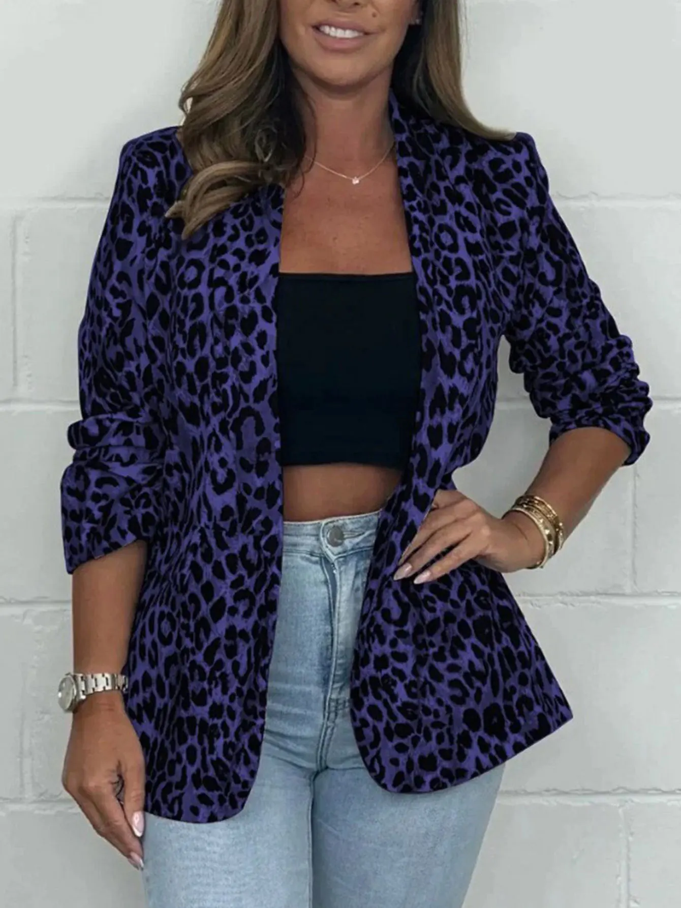 

Женский пиджак с леопардовым принтом, осенняя мода, полный принт, длинный рукав, открытая передняя часть, стандартный крой, повседневный базовый стиль