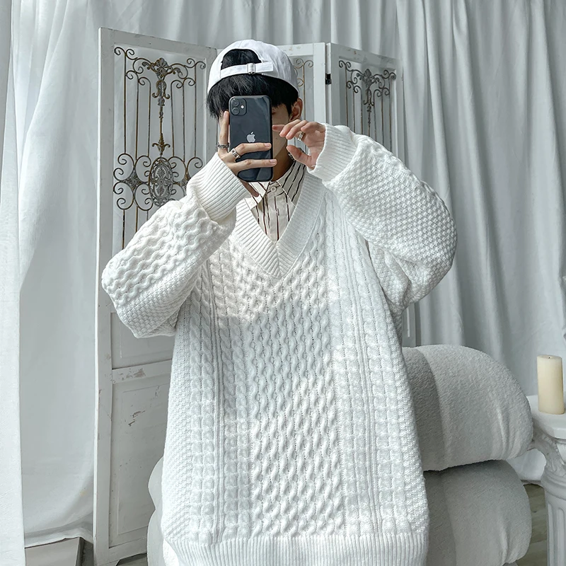 Winter Sweater Men Warm Oversized Casual Knitted Pullover Men Korean Loose V-neck Long Sleeved Sweater Mens Jumper Clothes