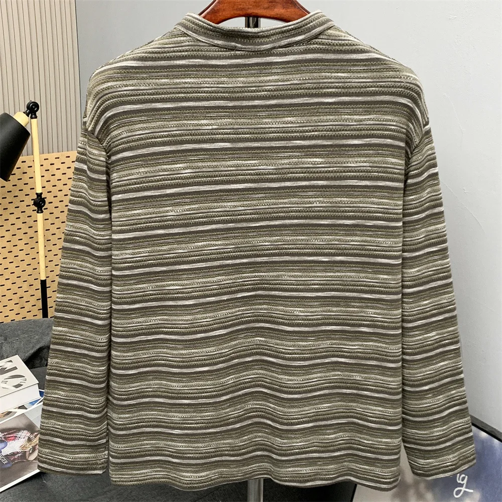 MWJLPWQ American Retro Striped Long-Sleeve Knitted T-Shirt Men Loose Fit Trendy Spring Autumn Half-Open Collar Casual Tops 20638