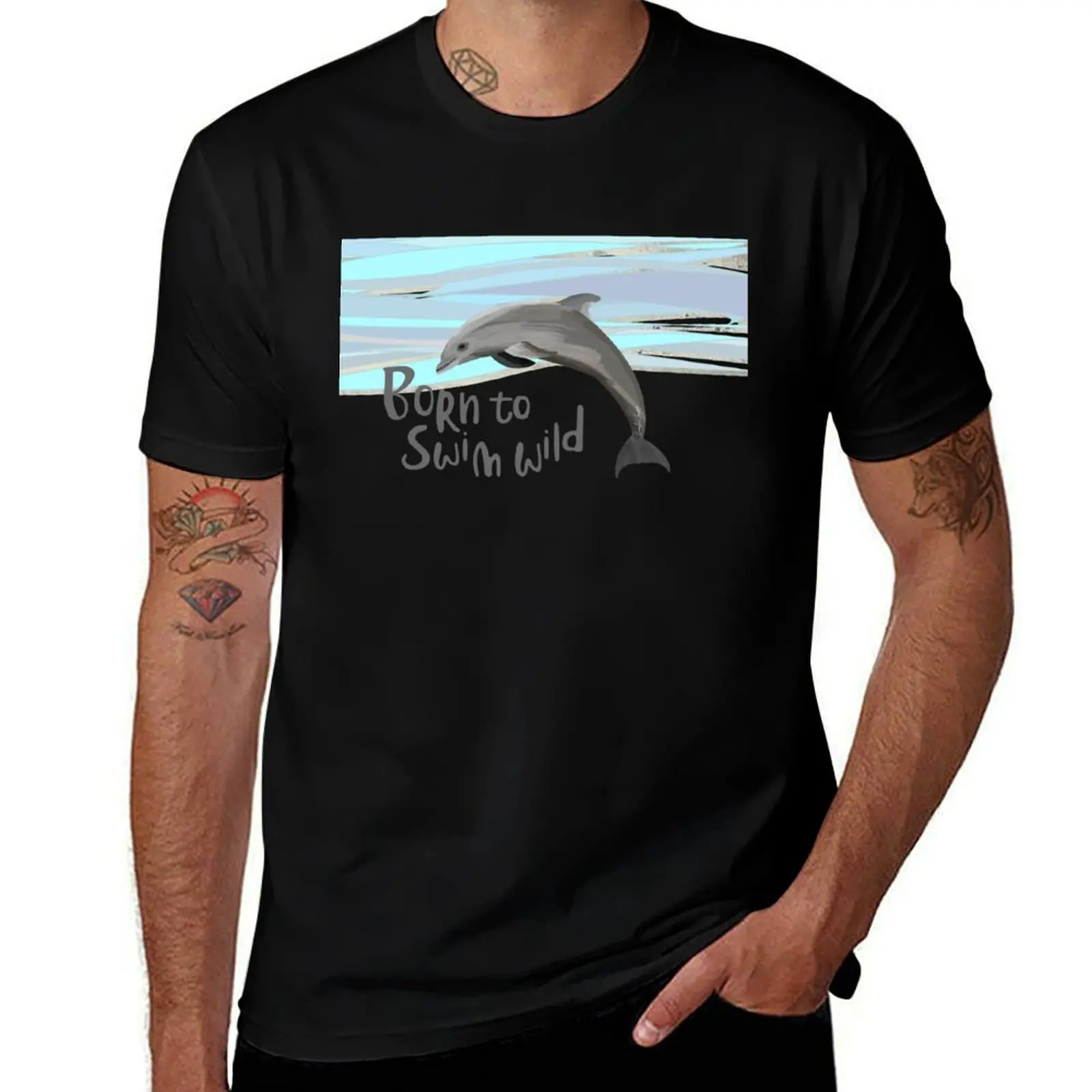 Wild open water swimming dolphin for swimmer swim lovers. Caroline Laursen original T-Shirt men t shirt cotton 100% T-Shirt