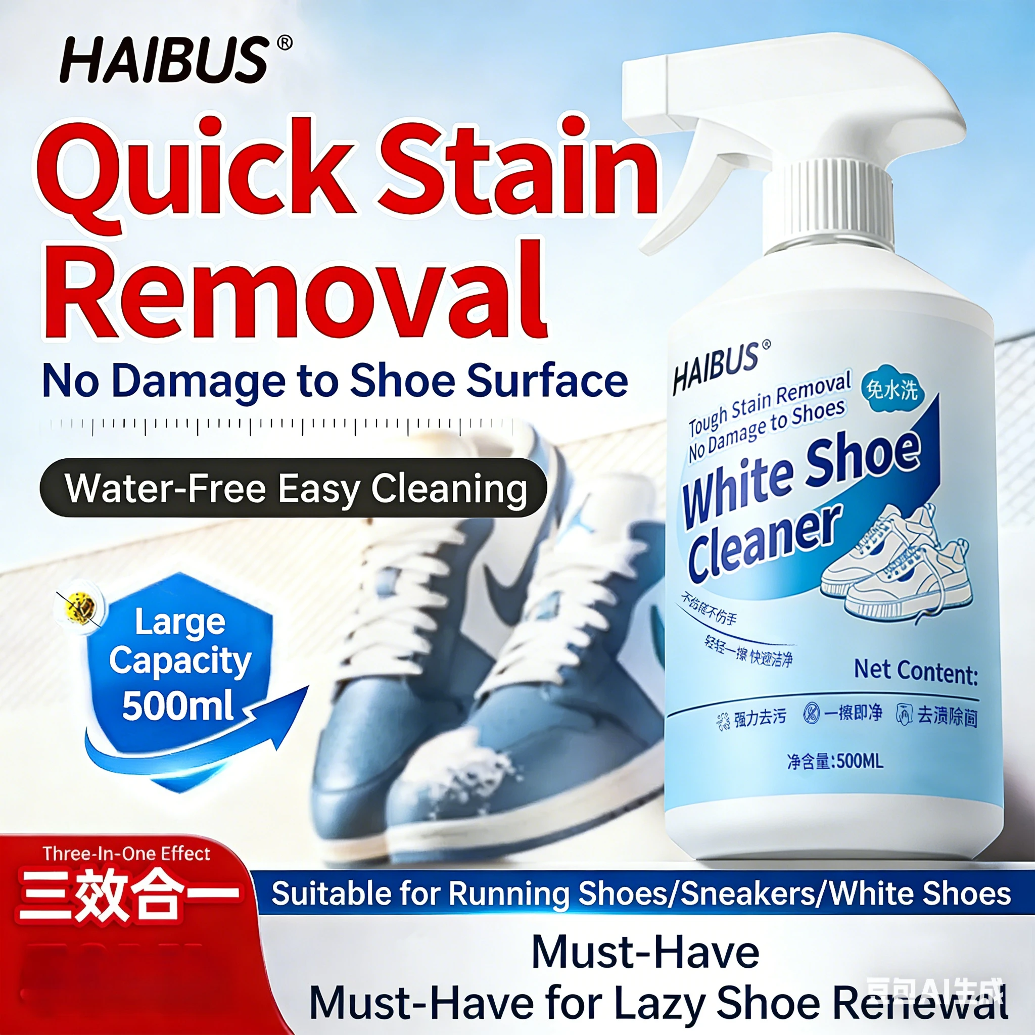 

White shoe cleaner, a powerful stain-removing and yellowing foam no-rinse shoe cleaner, a perfect tool for cleaning dirty shoes