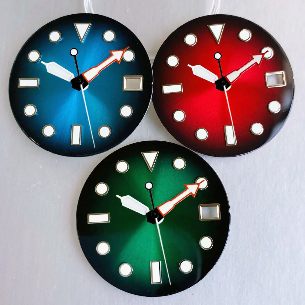 Nologo 29mm Red/Green/Blue/Purple/Golden Gradient Sunburst Watch Dial Hands Green Luminous Fit NH35 NH36 ETA2824 Miyota DG2813