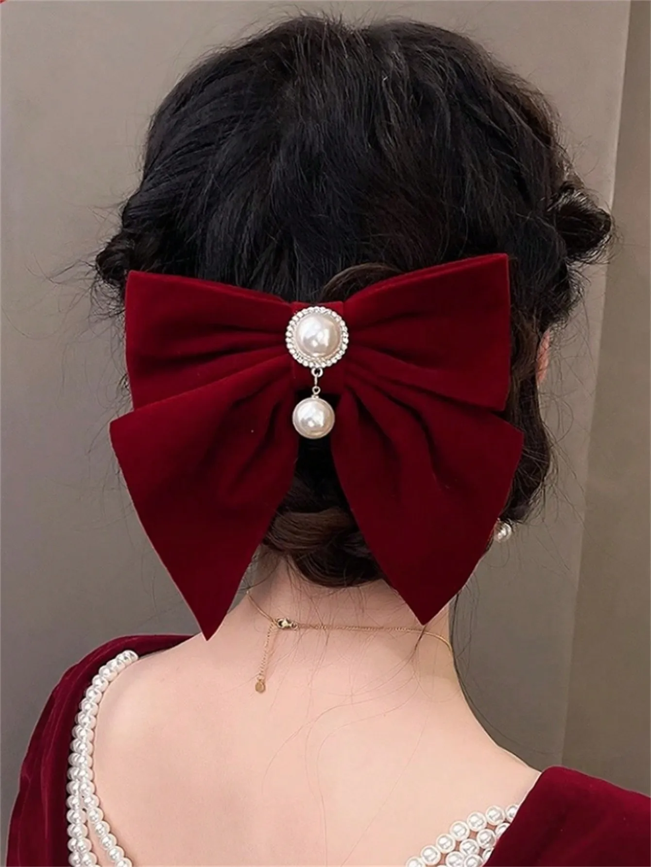 1 Ladies New Year\'s red big bow pearl hairpin suitable for bridal toasts wedding clip Valentine\'s Day dress