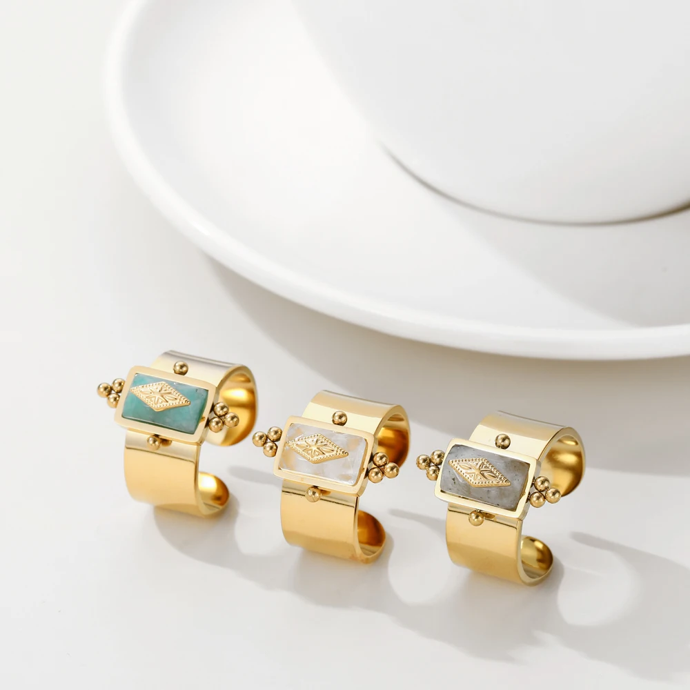 WILD & FREE 18K Gold Plated Stainless Steel Natural Stone Rings for Women Vintage Luxury Adjustable Wide Ring Waterproof Jewelry