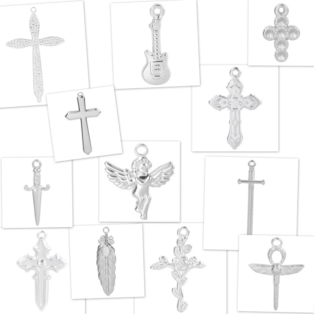 

3Pcs Stainless Steel Silver Color Cross Sword Violin Angel Design Pendant DIY Charms Jewelry Making Necklace Metal Accessories
