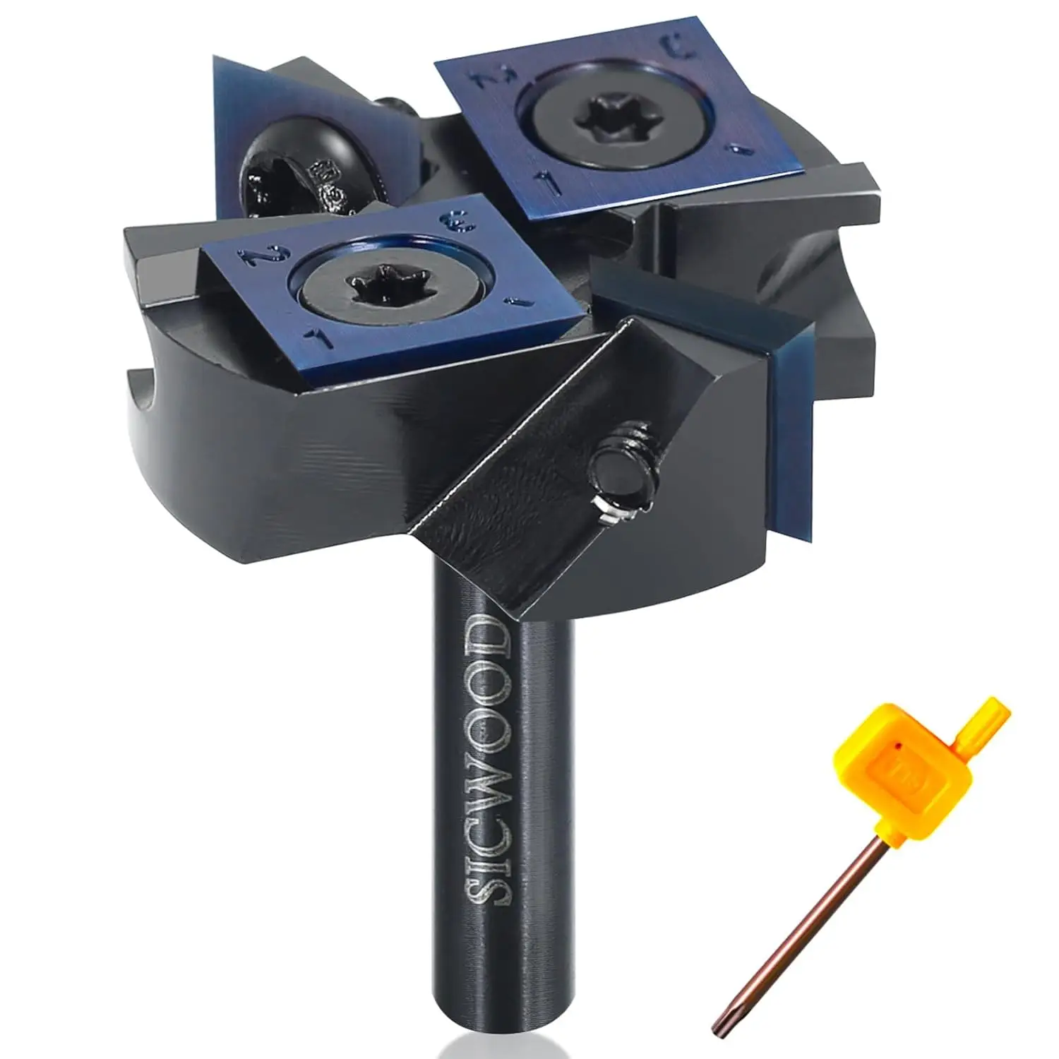 

Фреза для выравнивания плит с DLC-покрытием, хвостовик 1/4 дюйма, диаметр резания 1-1/2 дюйма, 2+2 твердосплавные вставки для фрезерования древесины на ЧПУ