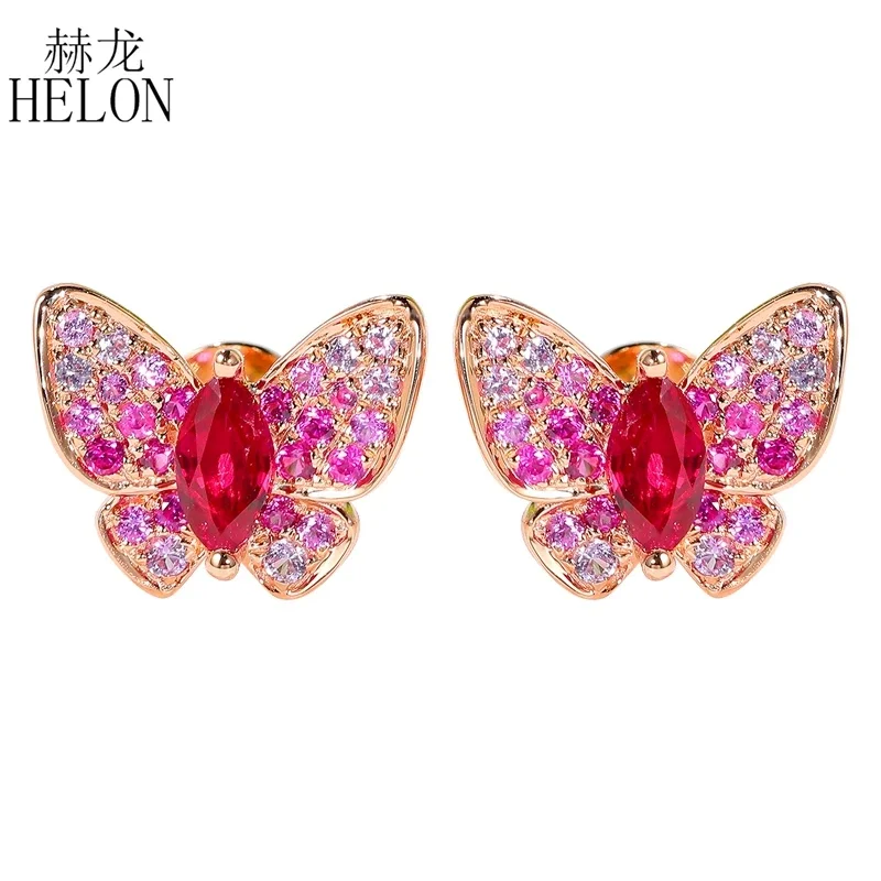 

HELON Genuine Ruby Real 18K Rose Gold Stud Earrings Pink Sapphire Engagement Earrings Ror Women Elegant Unique Butterfly Jewelry