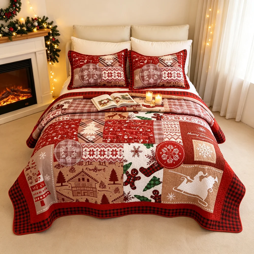 3pcs 2026New Christmas Red American Pure Cotton Quilted Bedspread Full Size Bed Cover Patchwork Quilt Blanket Non-slip Sheet  ﻿
