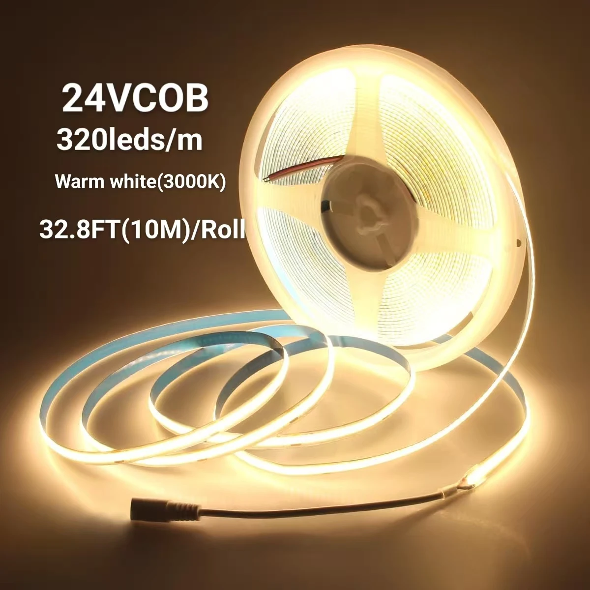 

1 рулон/2 рулона 32, 8 футов (10 м)/рулон, световая лента Cob с разъемом постоянного тока, 320 светодиодов/м, ширина 8 мм, теплый белый свет, 3000 К, супер яркий гибкий светодиод постоянного тока 24 В для офисных шкафов, домашние световые ленты для внутре