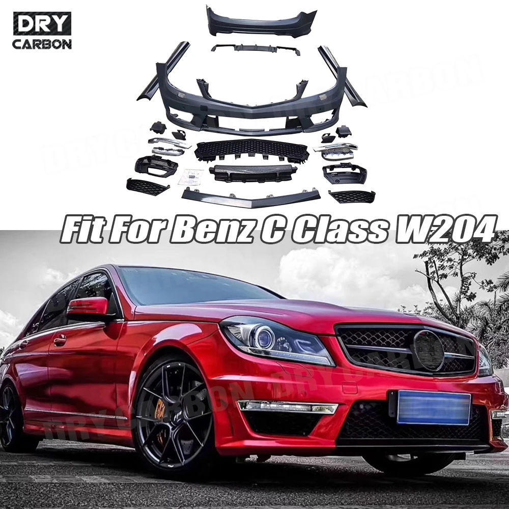 

PP Unpainted Body Kits Front Bumper Grill Mesh Side Skirts Aprons Rear Bumper Lip for Benz C Class W204 A Style 2006- 2012
