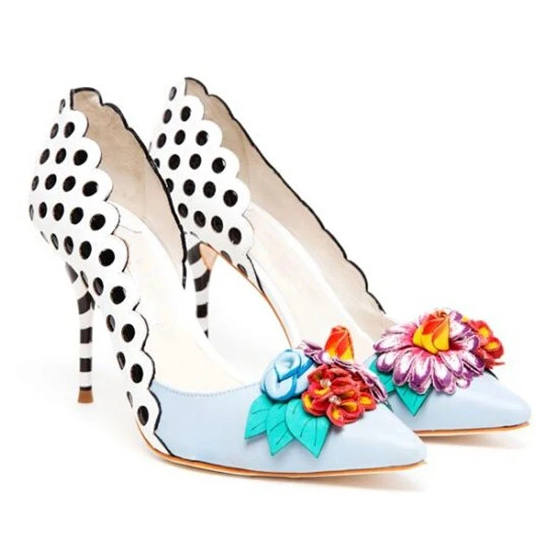 Summer Beauty Flowers Leaves High Heels Sandals Woman Polka Dot Rippled Stripe Stiletto Ankle Strap Party Sandalia Shoes image 3