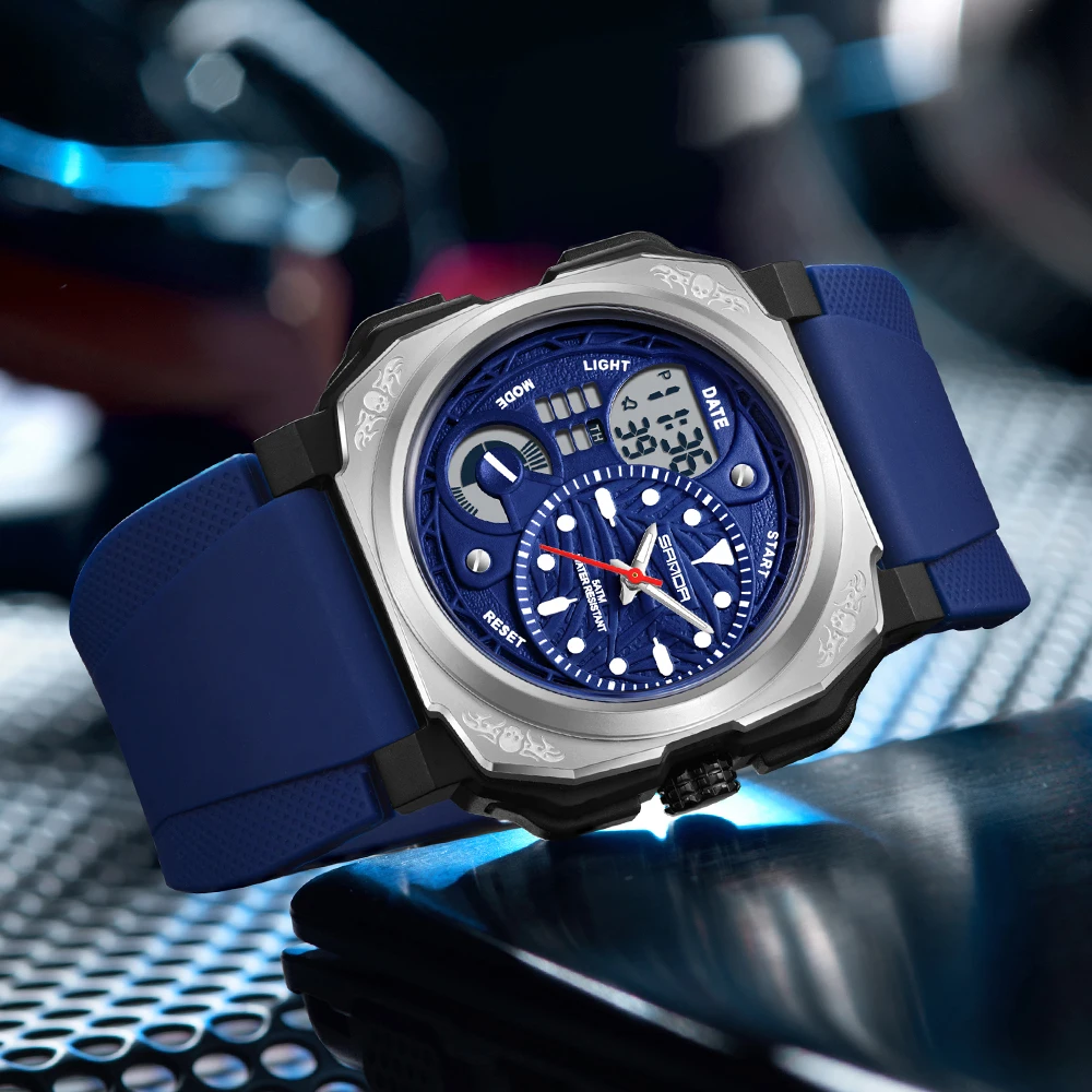 

Мужские спортивные часы, военные часы для мужчин, будильник, секундомер, светодиодная цифровая подсветка, двойной дисплей времени, мужские водонепроницаемые наручные часы