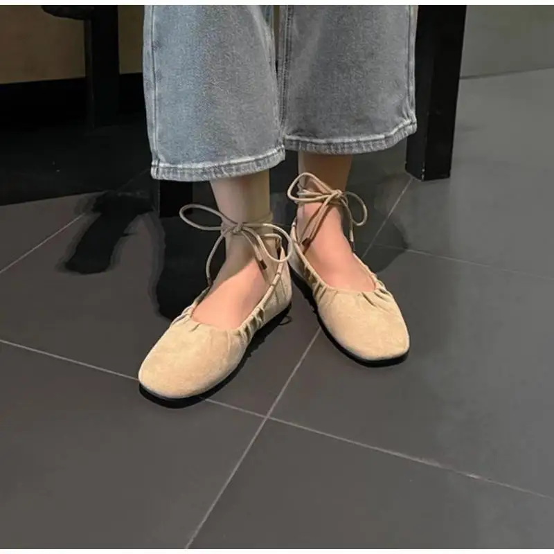 Ballet Flats Shoes For Grils 2025 Spring New Square Toe Ballet Dance Single Shoes Khaki Suede Flat With Leisure Grandma Shoe