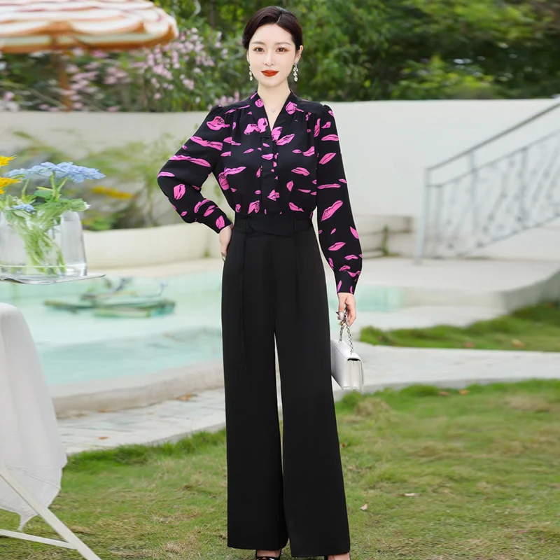 

Faionable Lip Print Jumpsuit Women's Long Pants Brand 007 Spring Commute Straight Leg mid Waist Regular Thin