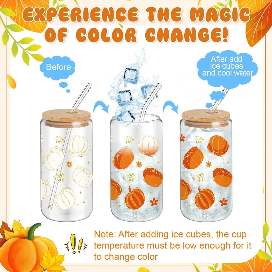 24 قطعة أكواب زجاجية لخريف اليقطين السائبة 16 أونصة تغيير لون الخريف اليقطين أكواب للشرب مع أغطية القش فرش مضحك الخريف تو #3