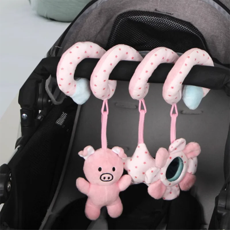 ベビー向け無地漫画動物柄早期教育ぬいぐるみパズル、鏡付き、落ち着かせるカート、鳴るベッドベルおもちゃ