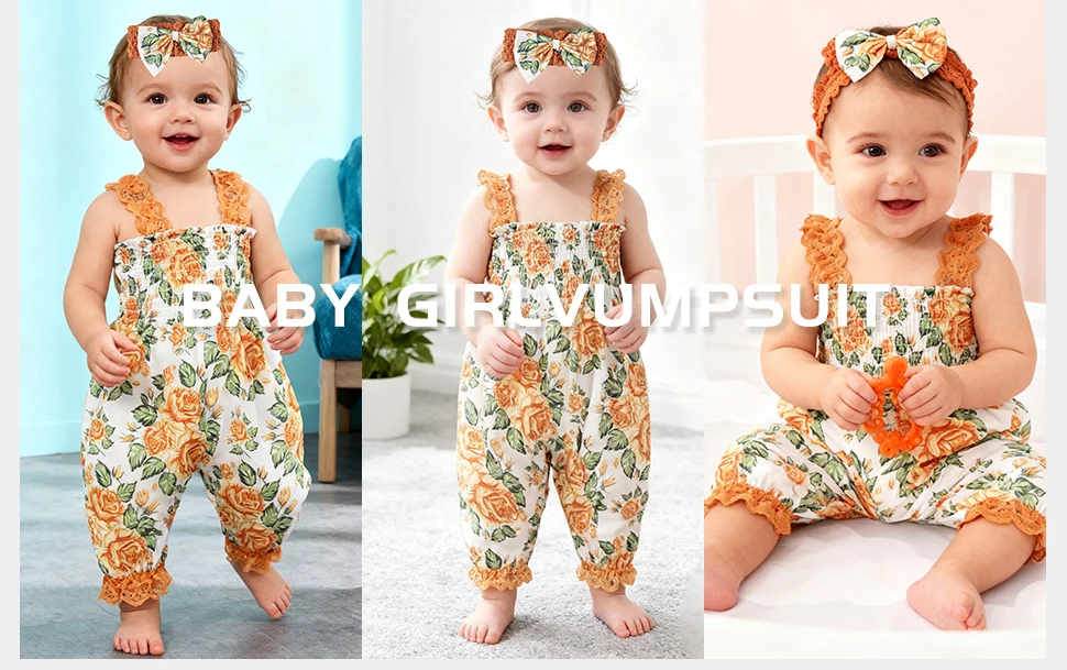Baby-Mädchen-Strampler mit Blumenmuster, Overall, Jumpsuit mit Rüschenbesatz und Stirnband, Sommerkleidung für Neugeborene, weißes Rosenmuster. – Detail 2