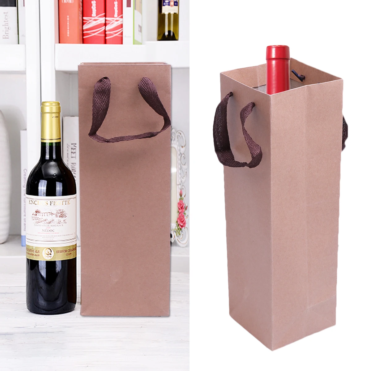 

10 Pcs Burlap Bags Packaging Tote Kraft Paper with Handle Gift Khaki Bottle