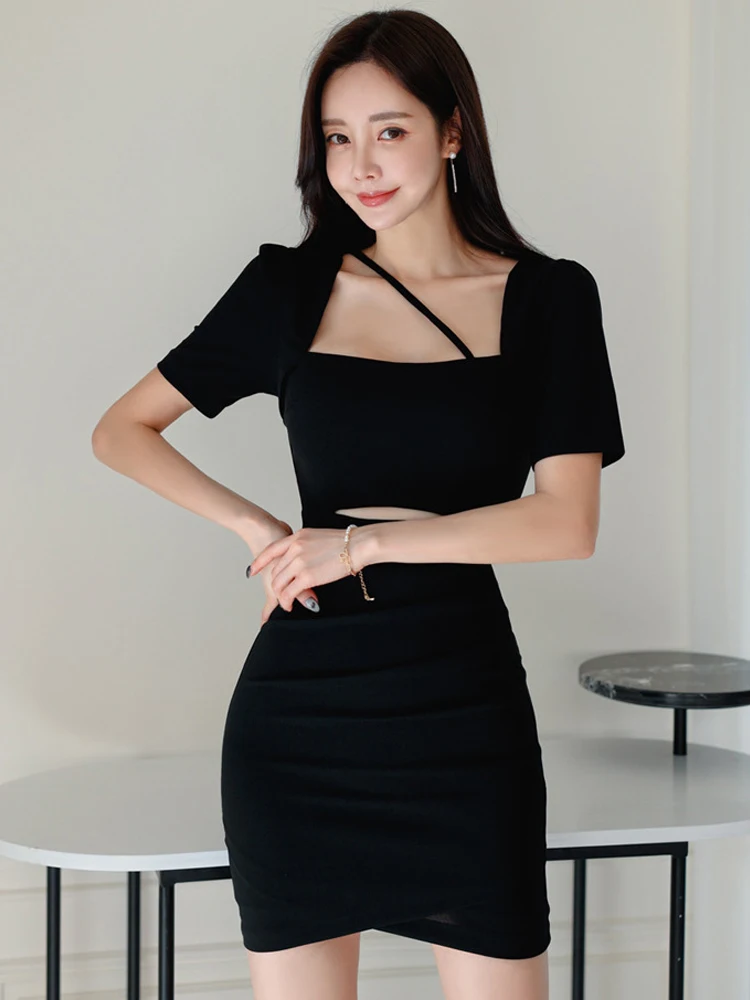 Hotsweet-Vestido negro Sexy para mujer, Mini Vestido elegante Y2K de manga corta recortado, ceñido al cuerpo, para fiesta y Club nocturno