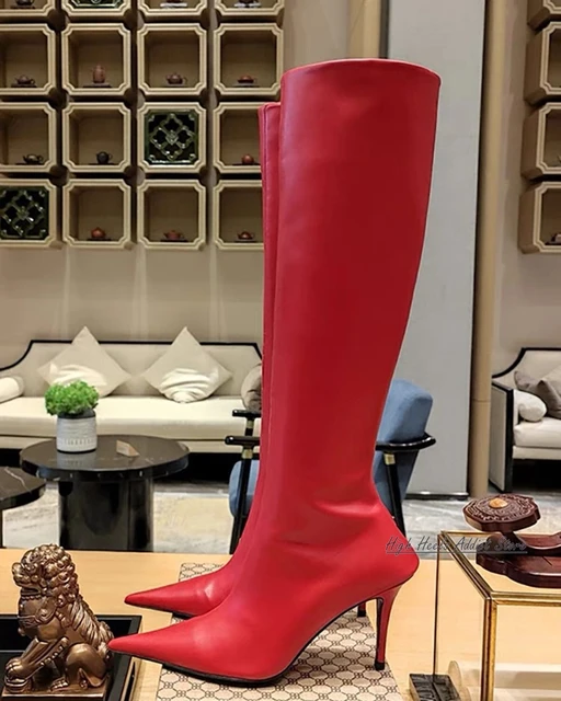 Damen sexy rote Leder kniehohe Stiefel schwarz weiB spitzen Zehen ReiB verschluss High Heels Stiefel Winter neu in Luxus Designer Schuhe AliExpress