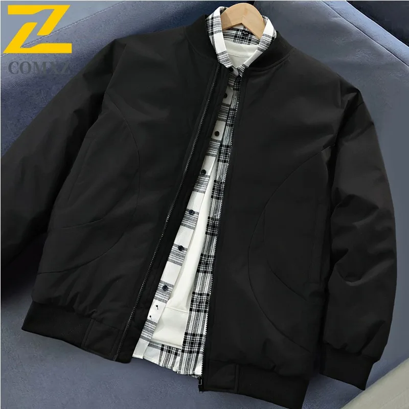 COMXZ Men Baseball Down Jacket Couple Flight Jacket Thickened Padded coats Thermal Winter Lightweight Coat Solid Color Jacket