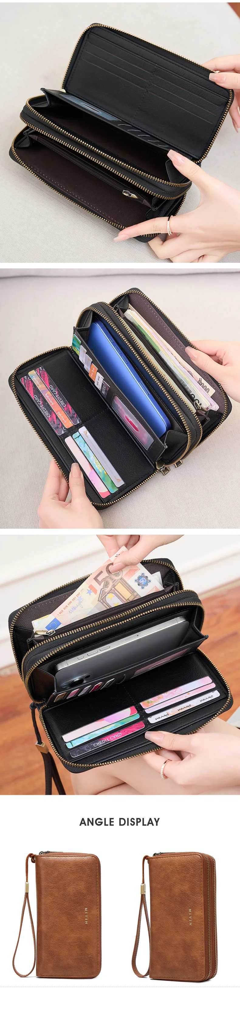 MIYIN Damen-Geldbörse, RFID-Abschirmung, Doppelreißverschluss, Damen-Clutch, Retro, minimalistisch, multifunktional, mit mehreren Kartenfächern, Kartenhalter – Detail 9