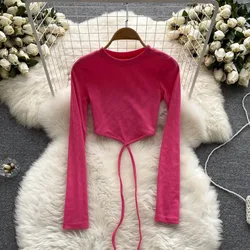 Y2k Goth Spice Girl Long Sleeve T-shirt Women O Neck Lace-up Solid Color Knit Shirt Female Summer Slim Tops