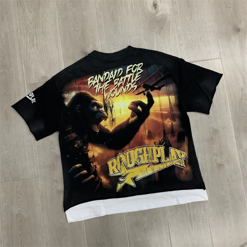 Oversized Black Rough Gorilla Print Short Sleeve American Hip Hop Mens T-shirts