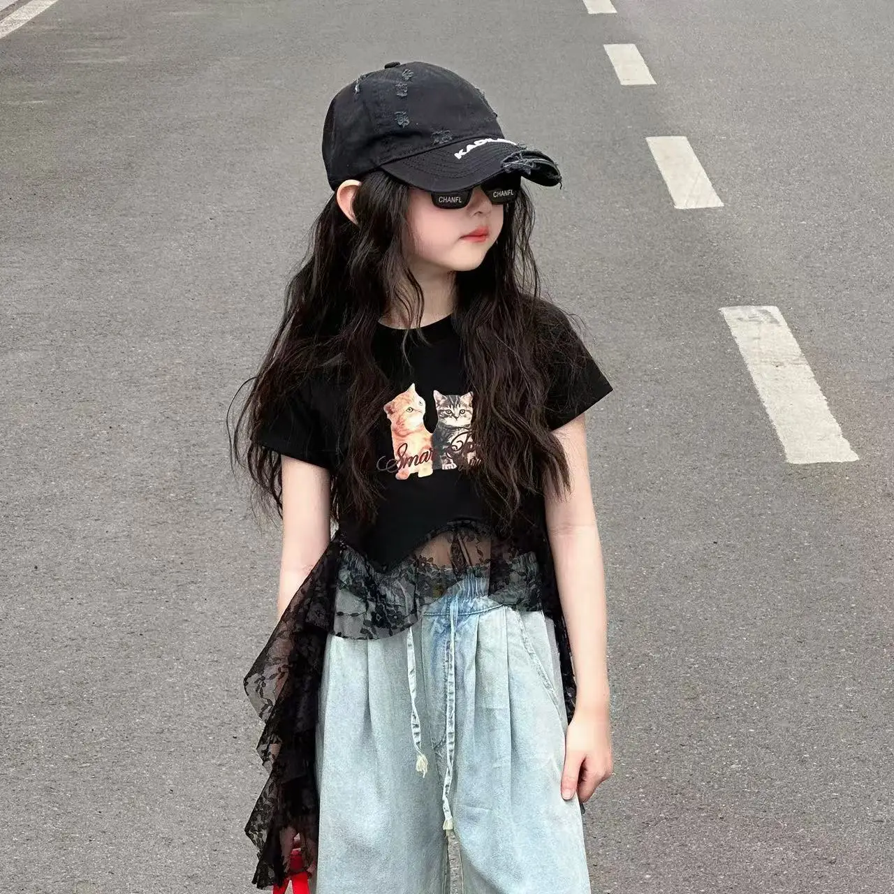 summer 2 4 6 8 10 12 cotton baby girls short sleeved T-shirts kids stylish irregular lace patchwork top tee children clothes
